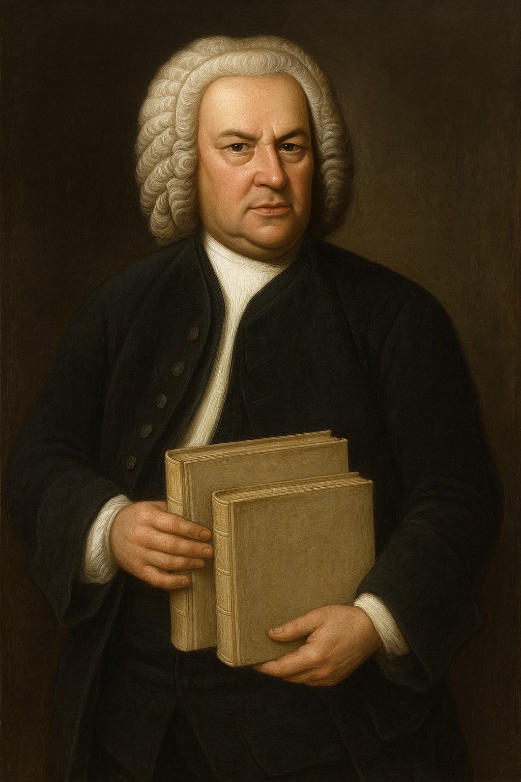 IMAGEN DE BACH SOTENIENDO LOS DOS TOMOS DEL CLAVE BIEN TEMPERADO