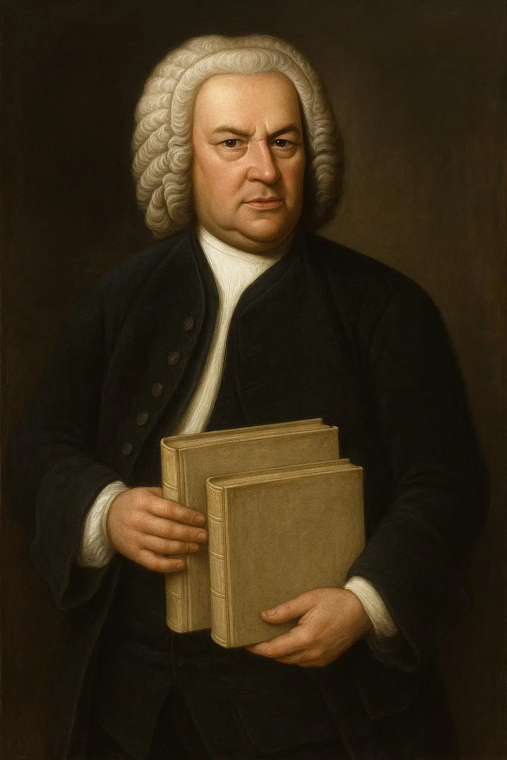 IMAGEN DE BACH SOTENIENDO LOS DOS TOMOS DEL CLAVE BIEN TEMPERADO