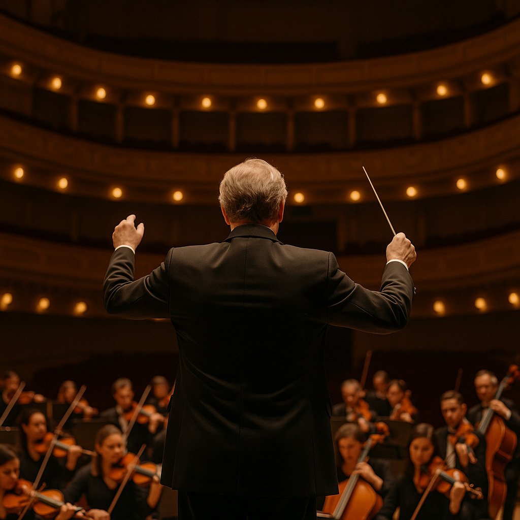 IMAGEN QUE MUESTRA AL DIRECTOR ORQUESTAL FRENTE A SU ORQUESTA 