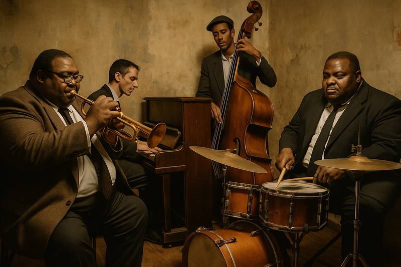 Imagen de una banda de Jazz clásica, con un trompetista, un bajista, un pianista y un baterista.