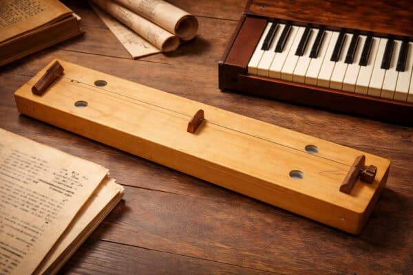 IMAGEN DE UN MONOCORDIO CON UN TECLADO, QUE EXPILICA LA ESCALA DIATOINICA Y CROMATICA