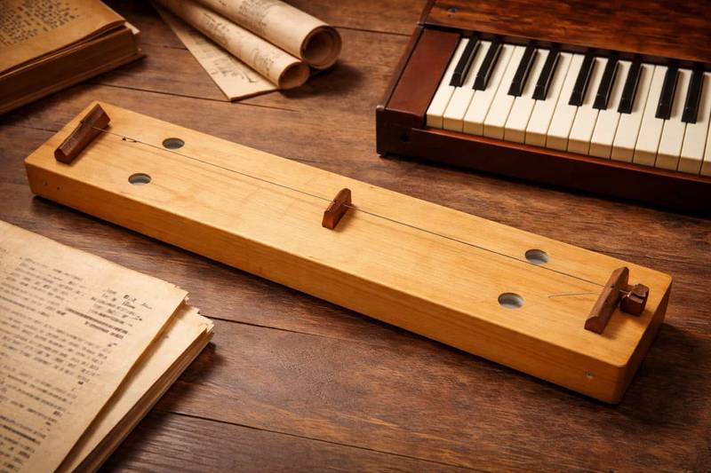 IMAGEN DE UN MONOCORDIO CON UN TECLADO, QUE EXPILICA LA ESCALA DIATOINICA Y CROMATICA
