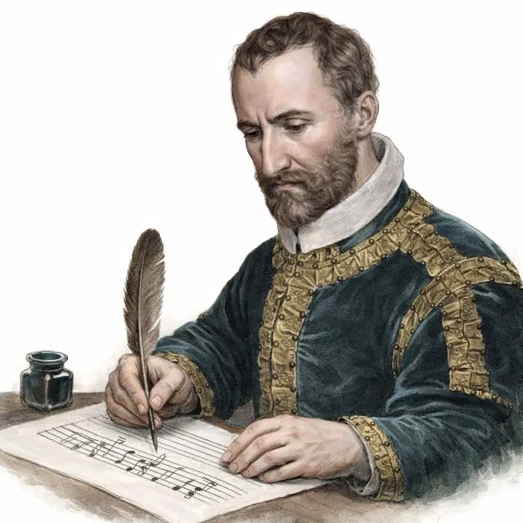 IMAGEN DE GIOVANNI  PIERLUIGI DA PALESTRINA ESCRIBIENDO UNA COMPOSICION CONTRAPUNTISTICA