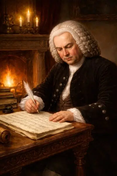 IMAGEN DE JOHANN SEBASTIAN BACH ESCRIBIENDO UNA FUGA