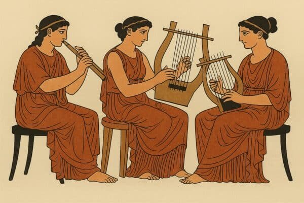 IMAGEN QUE MUESTRA MUSICOS GRIEGOS TOCANDO MUSICA DE LA ANTIGUEDAD