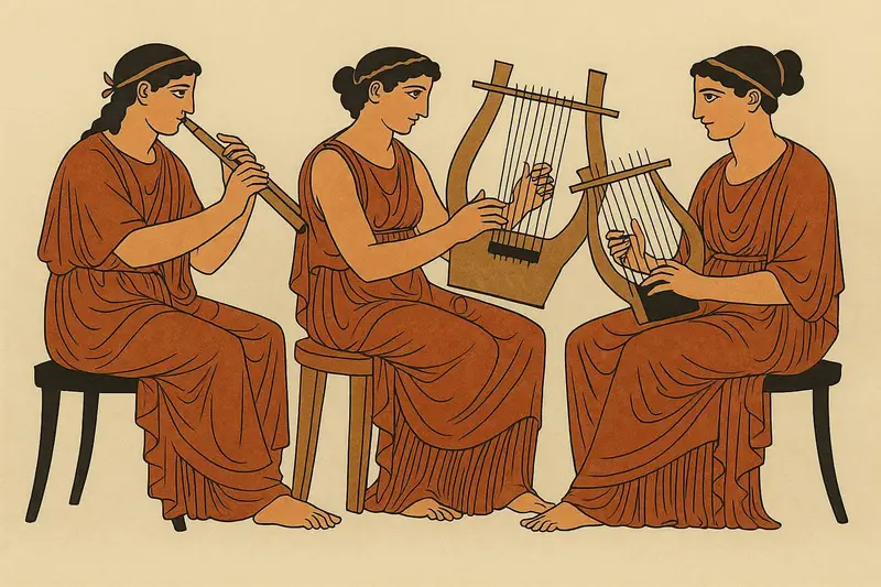 IMAGEN QUE MUESTRA MUSICOS GRIEGOS TOCANDO MUSICA DE LA ANTIGUEDAD