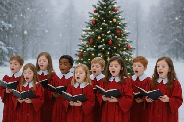 ES UNA IMAGEN DE UN CORO DE NIÑOS FRENTE A UN ARBOL DE NAVIDAD CANTANDO MUSICA CLASICA DE NAVIDAD