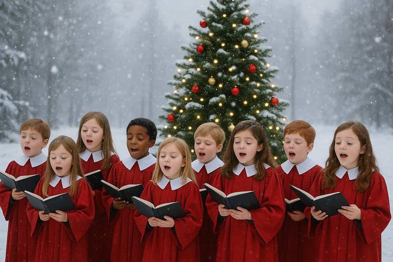 ES UNA IMAGEN DE UN CORO DE NIÑOS FRENTE A UN ARBOL DE NAVIDAD CANTANDO MUSICA CLASICA DE NAVIDAD