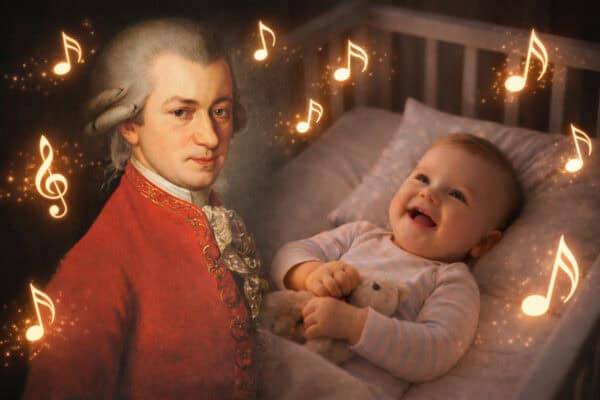 IMAGEN DE UN BEBÉ ESCUCHANDO MUSICA DE MOZART