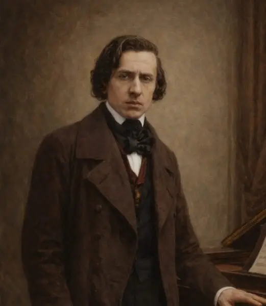 IMAGEN DE FREDERIC CHOPIN JUNTO A UN PIANO. OBRAS COMPLETAS DE FREDERIC CHOPIN.