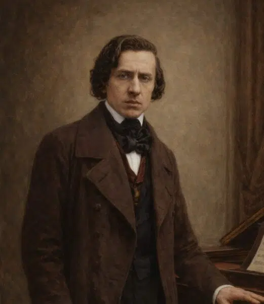 IMAGEN DE FREDERIC CHOPIN JUNTO A UN PIANO. OBRAS COMPLETAS DE FREDERIC CHOPIN.