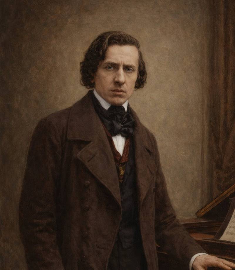 IMAGEN DE FREDERIC CHOPIN JUNTO A UN PIANO. OBRAS COMPLETAS DE FREDERIC CHOPIN.