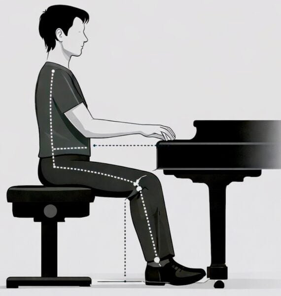 IMAGEN CORRECTA DE SENTADO CORRECTO EN EL BANCO PARA TOCAR PIANO
