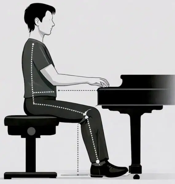 IMAGEN CORRECTA DE SENTADO CORRECTO EN EL BANCO PARA TOCAR PIANO