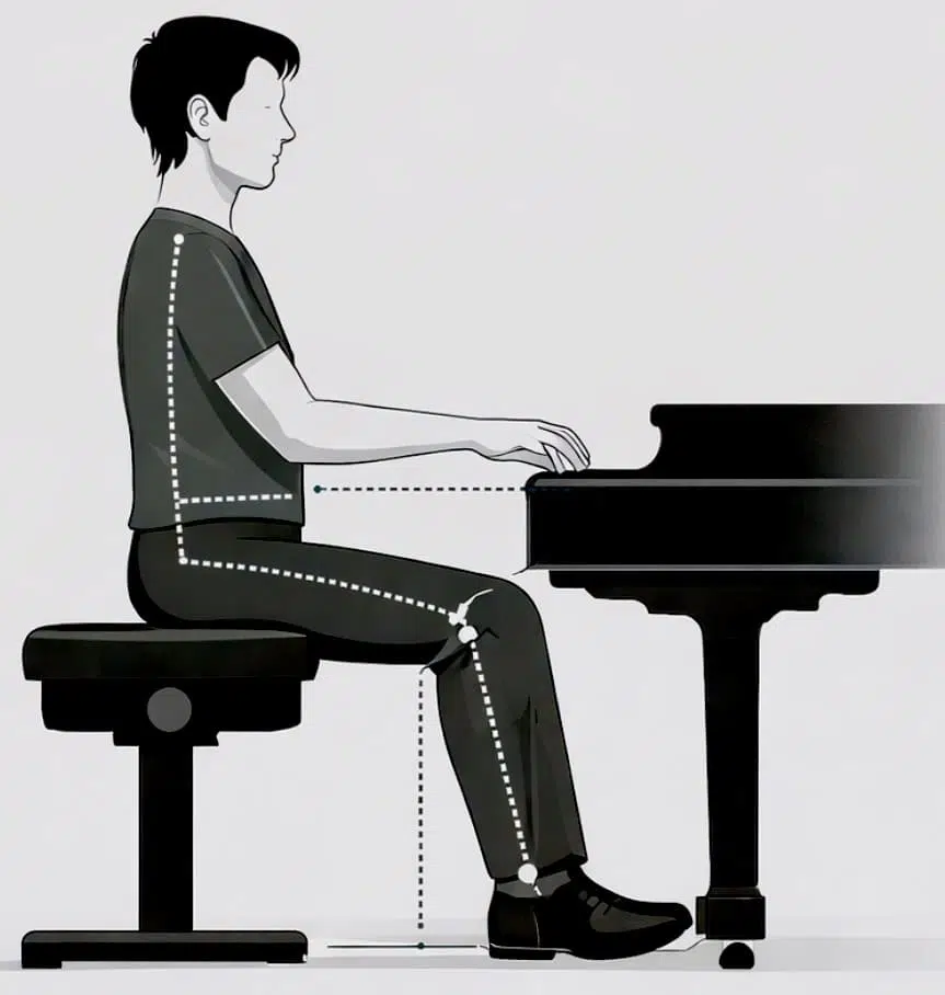 IMAGEN CORRECTA DE SENTADO CORRECTO EN EL BANCO PARA TOCAR PIANO