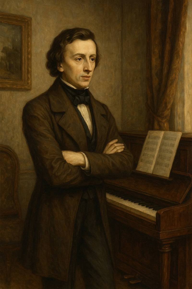 LA IMAGEN MUESTRA A CHOPIN JOVEN A UN LADO DE UN PIANO. TECNICA PIANISTICA DE CHOPIN.